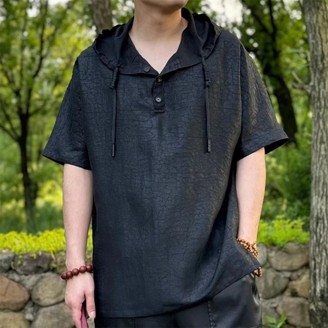 TKX 여름 남성 반팔 후드티 버튼 캐주얼 루즈핏 스트릿 스타일 티셔츠 데일리 심플