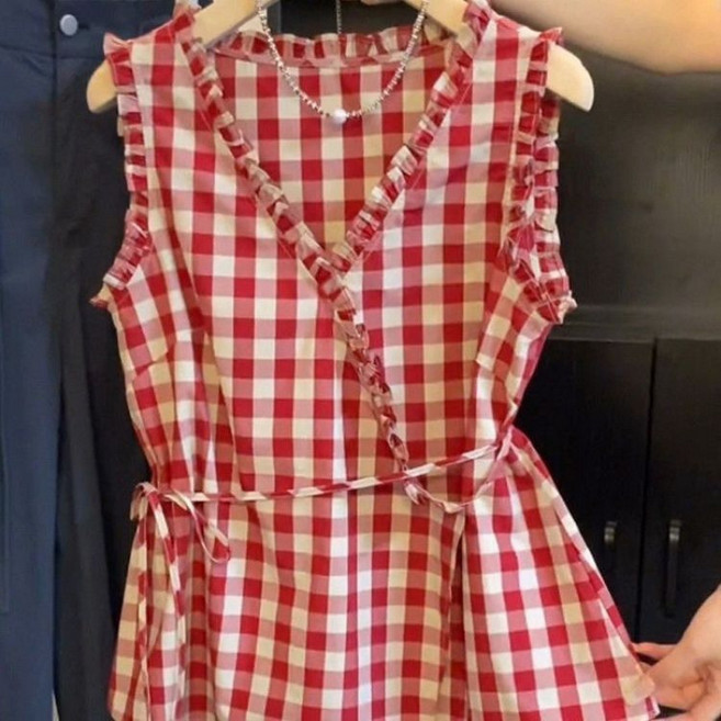 해피유통여성 여름 체크 무슬리브 원피스 레이스 가장자리 허리 조임 디자인