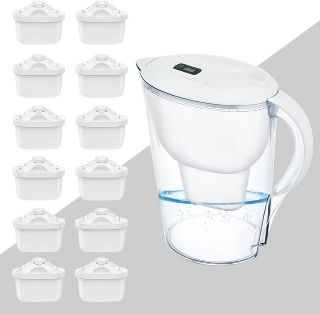 淨水壺 濾水壺 3.5L 大容量過濾水壺 家用活性炭濾水器, 白色壺+12個濾芯
