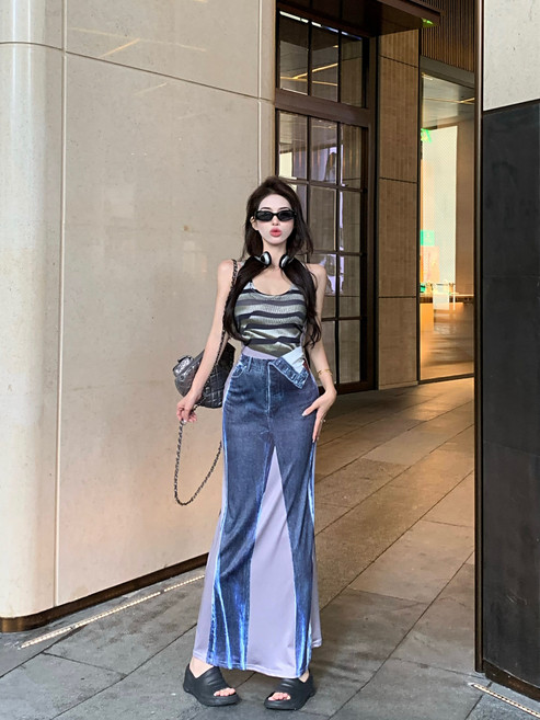 미니멀한 디자인 착시 입체 프린트 미디 스커트 날씬해 보이는 패치 나시 원피스