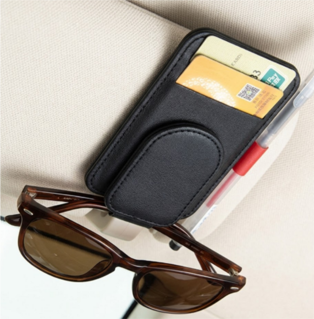 오토제트 프리미엄 차량용 선바이저 선글라스 클립 카드 수납 포켓 3in1, 블랙, 1개