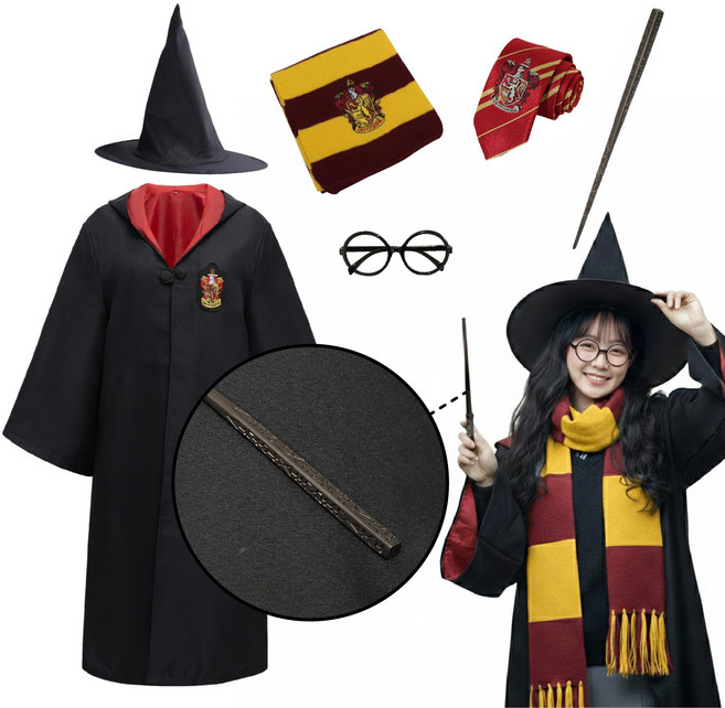 [청춘교복] 고퀄리티 해리포터 시리우스 지팡이 6종세트 로브+머플러+수동로고타이+안경+지팡이+모자 코스프레 할로윈 마법사 졸사 졸업사진