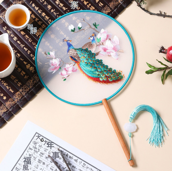 DIU 夏季新古風扇子蘇州雙面刺繡團扇舞蹈用國風漢服旗袍圓扇中國風, 1個, 刺繡扇-圓形孔雀:如圖