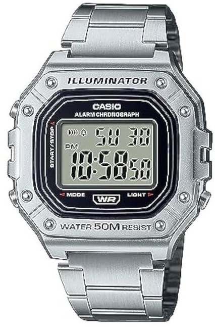 Casio W218H 시리즈 | 남성용 디지털 시계 | 50M WR | 1/100초 스톱워치 | 100 SEC 크로노그래프 | LED 백라이트 | 카운트다운 타이머 | 일일 알, W-218HD-1AVCF, Silver