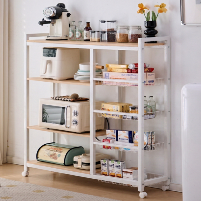 소프트엣지 이동식 철제 주방 수납장, 우드+화이트