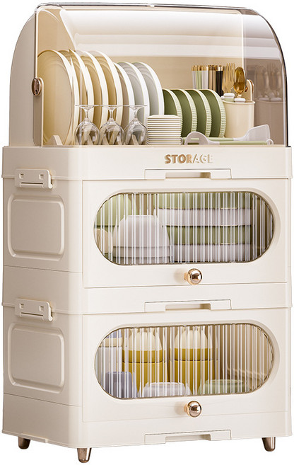 미가 다층 주방 식기 건조대 뚜껑 접이식 방수 방진 식기 수납장, 연베이지, 1개