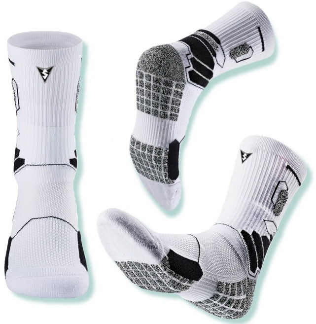 L3 남성용 스포츠 이중 쿠션 중목 장목 양말 3켤레, 화이트