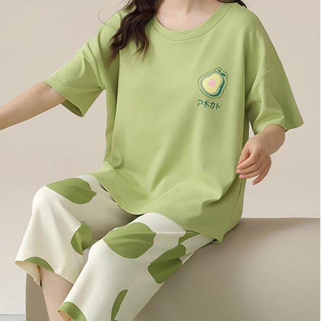 여성 라운드넥 곰돌이 체크 반팔 칠부바지 홈웨어 잠옷 세트