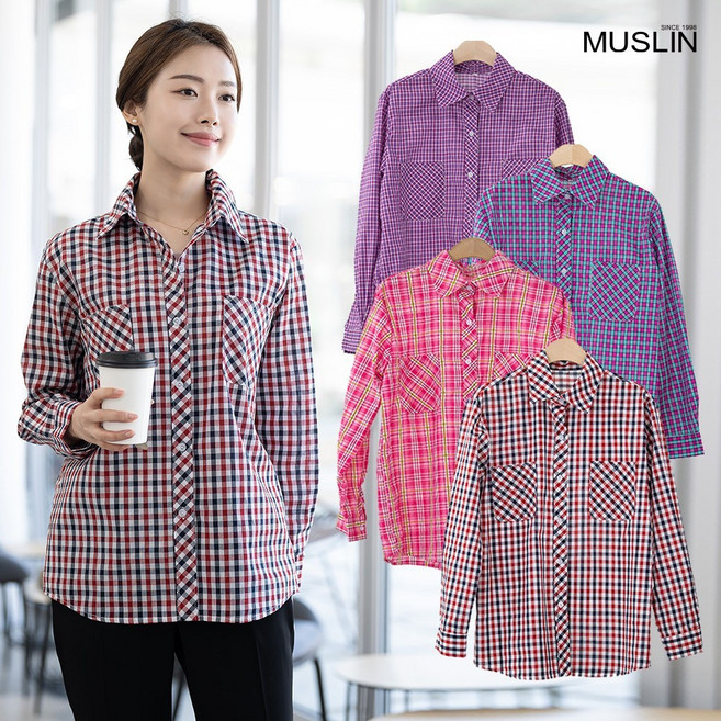 엄마옷 면 카라 체크 남방 2CVB03190마담 미시 중년여성 빅사이즈 50대 60대 70대 할머니옷