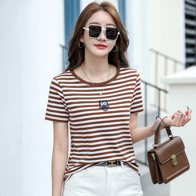 이매력 여성 라운드넥 줄무늬 반팔 티셔츠 행운 부엉이포인트 혼면 반팔티