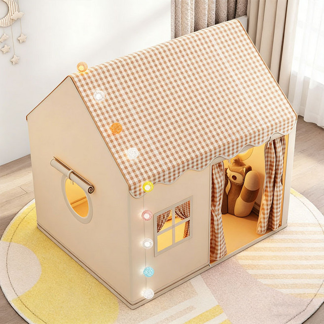 SeekFun 실내 텐트 홈캠핑 귀여운 격자 무늬 놀이집 편리한 세탁 핑크 베이지, 1개, 베이지색