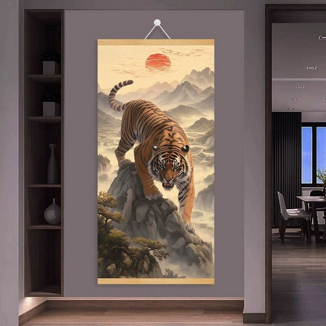 호랑이 그림 족자 범 그림 풍수 인테리어 장식, D, 원목 프레임(분리 불가)