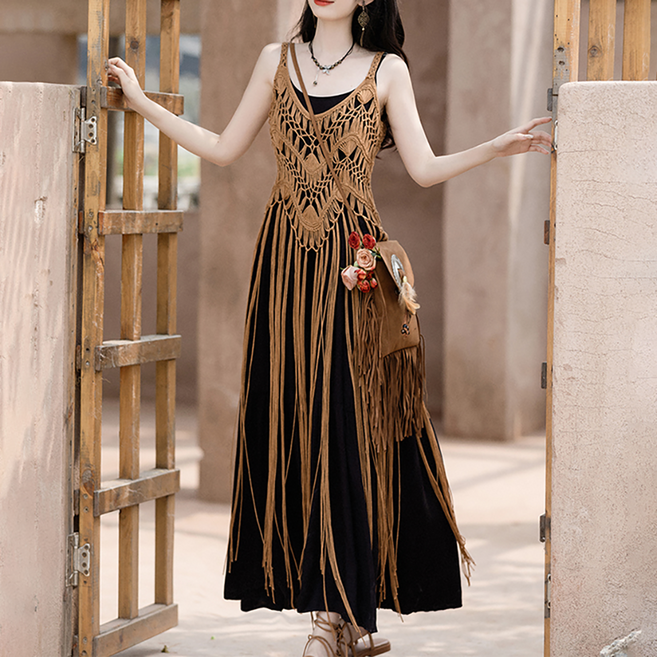 ROYALBELLE 여성 니트 짜임 프린지 롱 나시 레이어드 커버업 원피스 D0052335