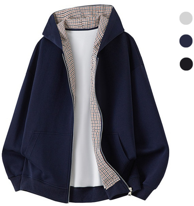 에쥬아 체크무늬 배색 후드집업 빅사이즈 빈티지 간절기아우터