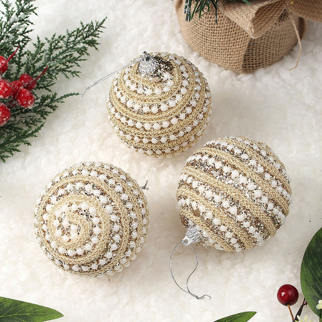 제임스마켓트렌드 샴페인골드 글리터 장식볼 3p세트 8cm 진주체인 오너먼트볼