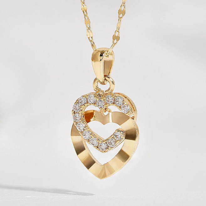 루이델라 14K 18K 목걸이 트윈 하트 컷팅 여성 심플 데일리 큐빅 금 목걸이 여자친구 선물