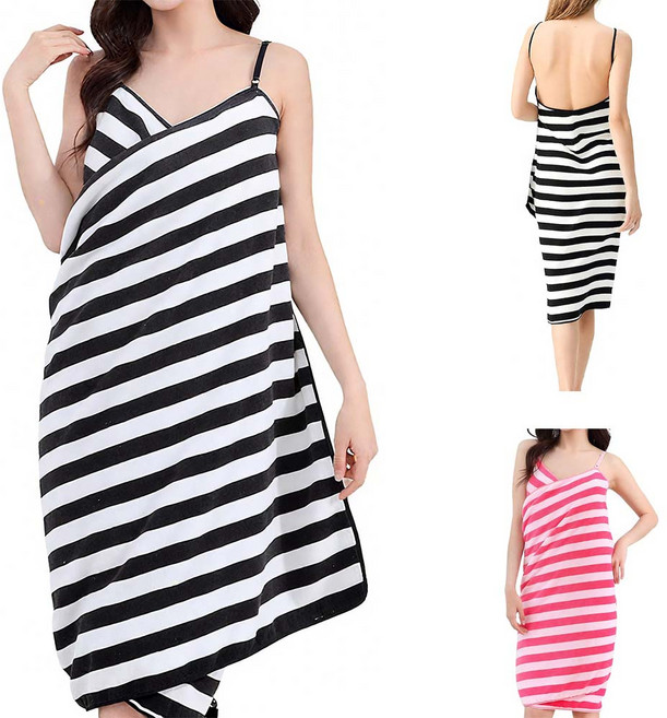 루이 극세사 여성 목욕 샤워 가운 타올 부드러운 도톰한 나시 랩 원피스 비치 샤워가운, 흑백, 1개