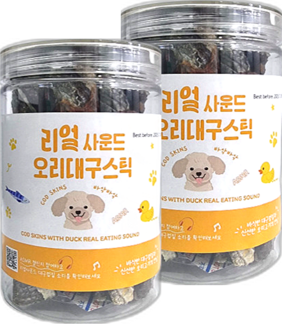 강아지간식 리얼사운드 대구스틱 닭고기맛 오리맛 연어맛 ASMR간식, 120g, 오리, 2개