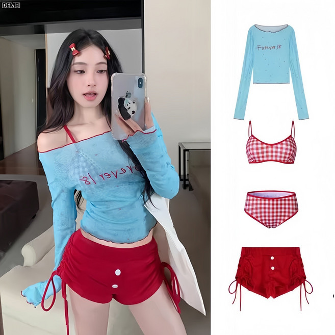DFMEI 比基尼套裝吊帶女高級感裙式四件套長袖度假海邊分體泳衣, M【45-50Kg】