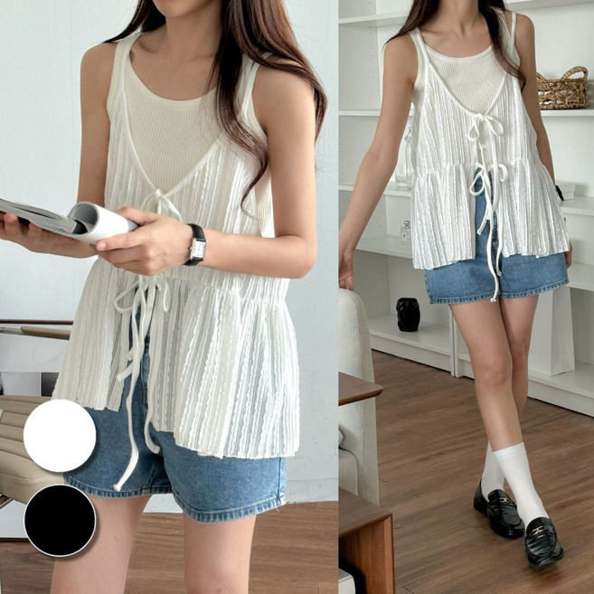 핏몬 썸머 레이스 플리츠 뷔스티에 리본 레이어드 끈 나시