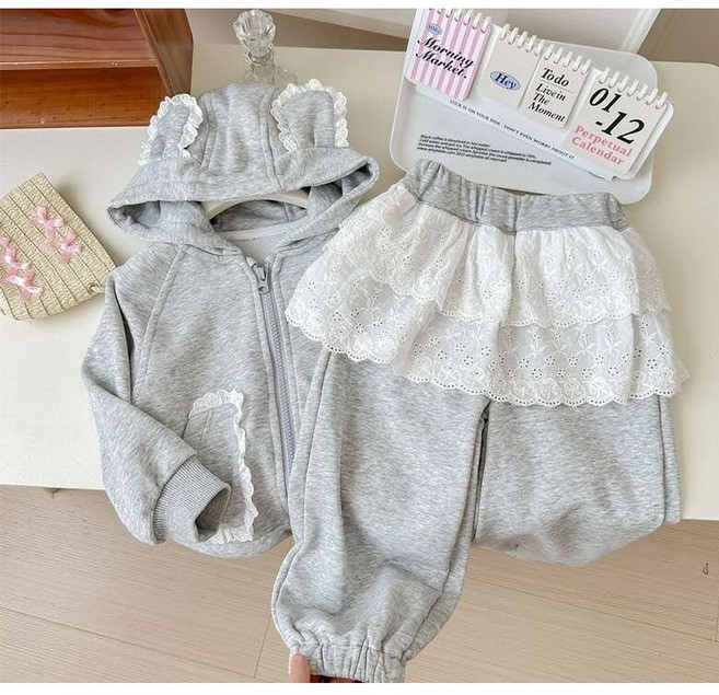 주니유니 아동 토끼레이스후드상하세트 여아봄가을상하복 후드집업세트 그레이상하복세트