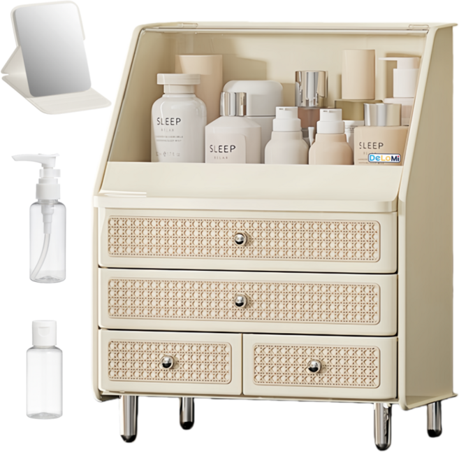 DeLoMi 다용도 대용량 3단 화장품 수납함 방진 투명커버 서랍형 화장대 정리함 라탄감 디자인 메이크업 보관함, 화이트