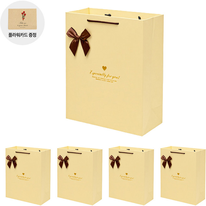 VITALO 클래식 리본 쇼핑백 5P 답례품 선물용 포장 가방 고급 종이백 (플라워카드 5개 지급), IV_아이보리