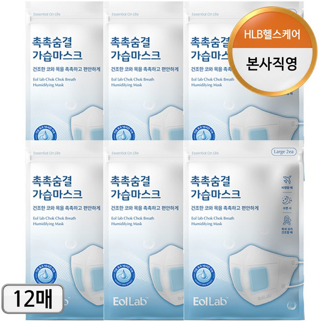 [이올랩] 촉촉한 가습마스크 일회용 숨쉬기편한 수면 수분 목 코 건조 방지 기내용 대형, 화이트, 6개, 2매