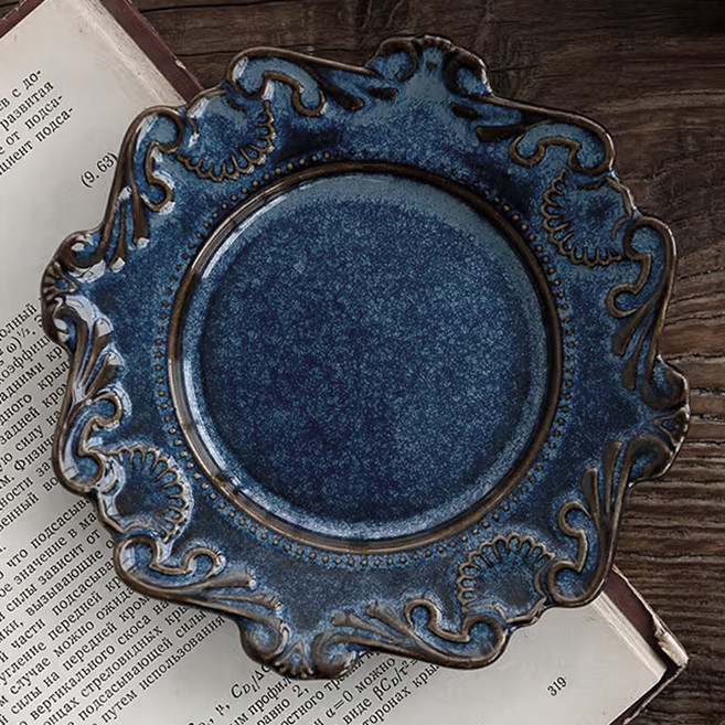 루비코코 북유럽 바로크 레이스 앤틱 플레이트 예쁜 샐러드 파스타 브런치 접시 2개입 1세트, 블루, 20.32cm (2p)
