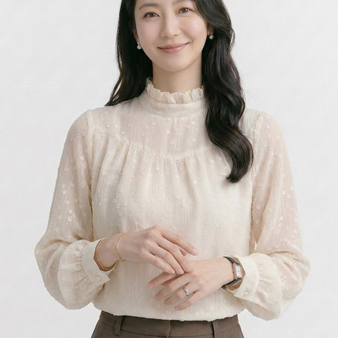 나바바 NB3078 여성 로맨틱 반폴라 프릴 퍼프 긴팔 블라우스