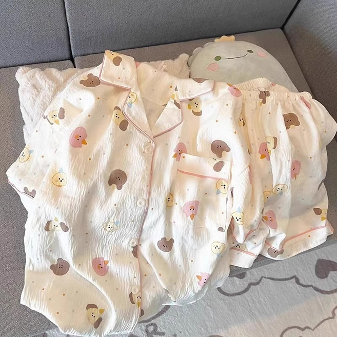 睡衣套裝 睡衣女夏季雲朵棉 全開扣 甜美可愛開衫 休閒短袖 短褲家居服套裝 睡衣 大尺碼 寬鬆 女生休閒居家服