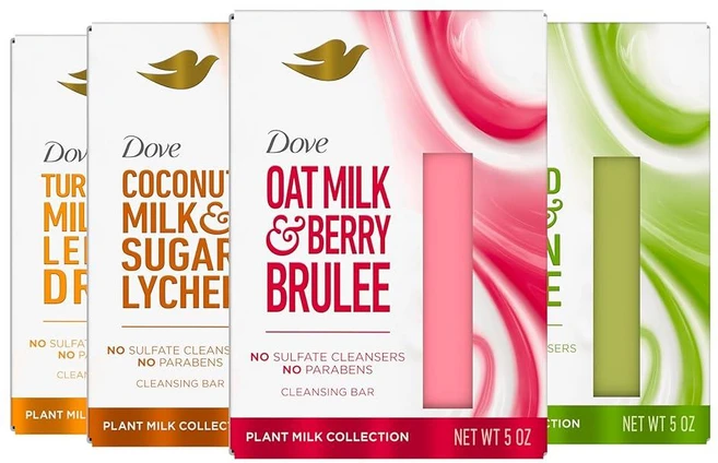 Dove Plant Milk 클렌징 바 비누 버라이어티 팩 4개 보습 피부용 100% 부드러운 클렌저 황산염 클렌저 또는 파라벤 + 98% 생분해성 포뮬러 포함 21332, Dove - 식물성 우유 클렌징 바 비누 버라이어티 팩, 1개, 142g - 쿠팡