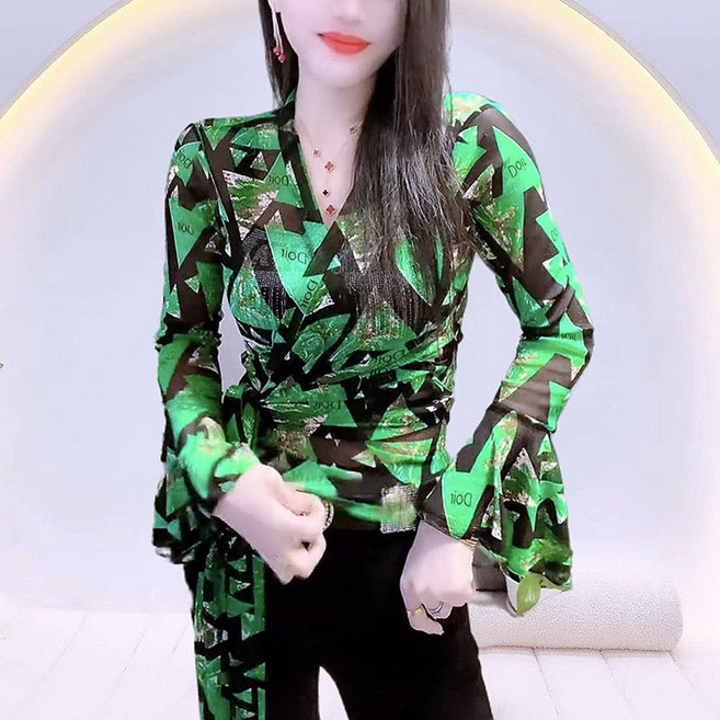 페이준 여성 봄 가을 섹시 티셔츠 리본 브이넥 레오파드 망사 나팔 블라우스 LN2183