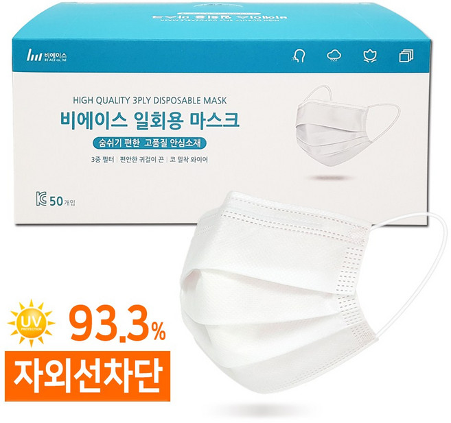 비에이스 덴탈마스크/3중 필터 일회용, 중형 화이트, 1개, 50매