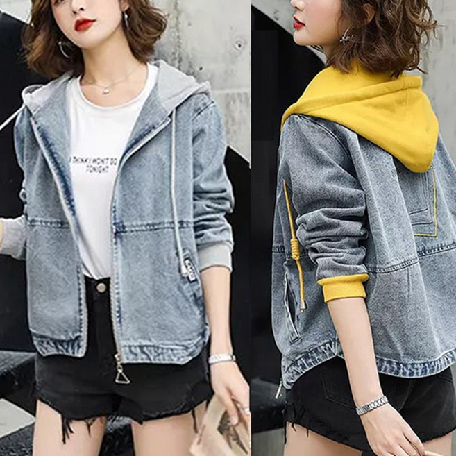 여성 봄가을용 후드 집업 데님 자켓 패션 트렌드 간절기 데일리 청 점퍼 오버핏 캐주얼 바람막이 점퍼