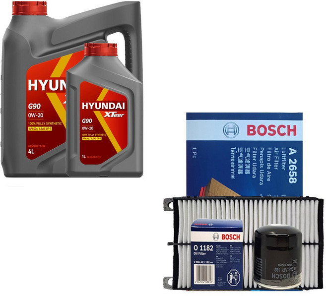 올뉴K7 YG 2.4 가솔린 현대오일뱅크 엑스티어 G90 0W20 5L 엔진오일 필터 세트 1182-2658, 1개