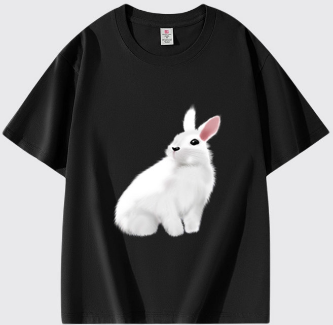 슬림소녀 순면 100% 루즈핏 캐주얼 반팔 티셔츠 토끼 프린트 데일리 편안 핏LYX57