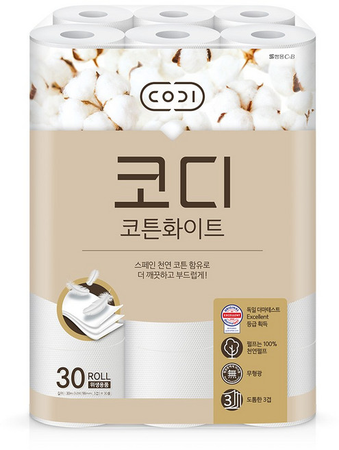 코디 코튼화이트 3겹 천연펄프 롤화장지, 30m, 30개입, 1개