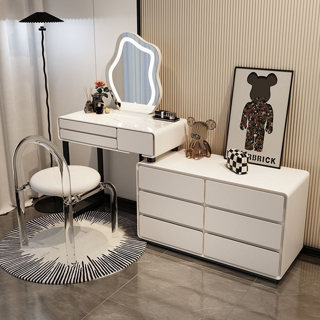 現代簡約化妝台，附LED鏡燈與收納櫃, 大戶實木三抽桌80CM白黑+鏡+大戶實木白黑三抽櫃
