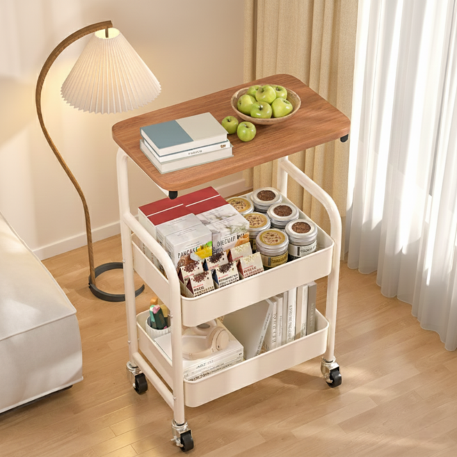 일상담다 생활수납 이동식 철제 트롤리 카트 선반, 크림화이트, 3단