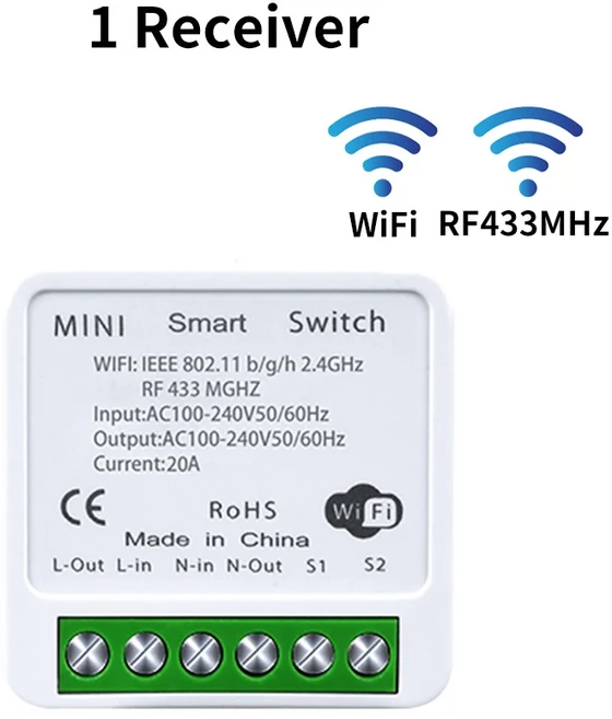 16A 지능형 WiFi 스위치 Tuya 스마트 라이프 앱 수신기 모듈 RF 433Mhz 무선 푸시 버튼 리모컨 Alexa Googl, 01 1 WiFi receiver