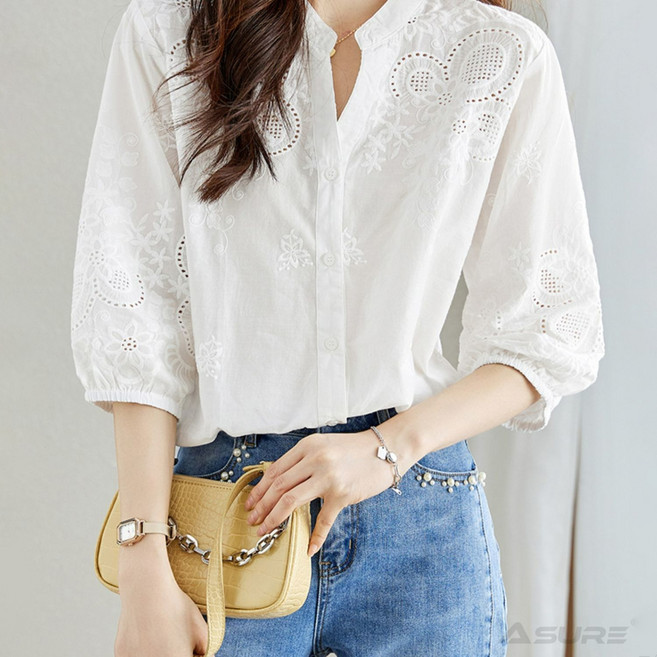 ASURE 여자 얇은 자수 펀칭 꽃무늬 셔츠 7부 소매 탑