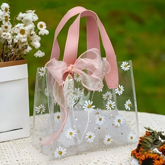 러블리 데이지 패턴 투명 방수 PVC 핸드백 선물포장 구디백, 핑크