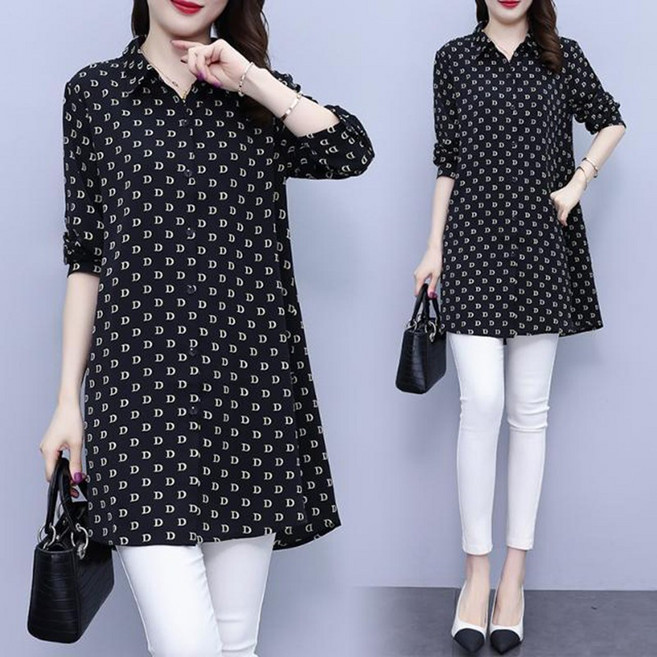 JUSTFEELING L-5XL 빅사이즈 중년여성 긴팔셔츠 루즈핏 데일리 엄마옷 긴팔 셔츠 30대 40대 50대 롱셔츠 블라우스 상의 세련된 정장셔츠 남방