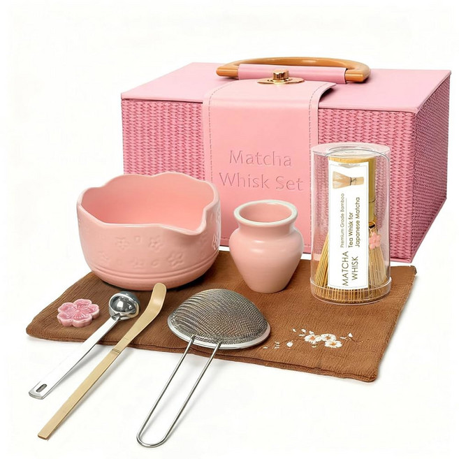 8Pc 말차 위스키 세트 세트에는 세라믹 볼 및 홀더 대나무 스쿱 스쿱 휴식 체 계량 스푼 티 타월 키트 선물 세트(블루)가 포함되어 있습니다, Pink Floral, 1개