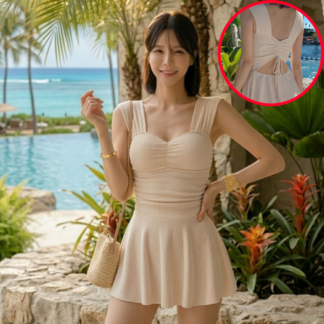 LAVIENNE 셔링 니트 원피스 모노키니 체형커버 수영복 휴양지 비치웨어, 크림