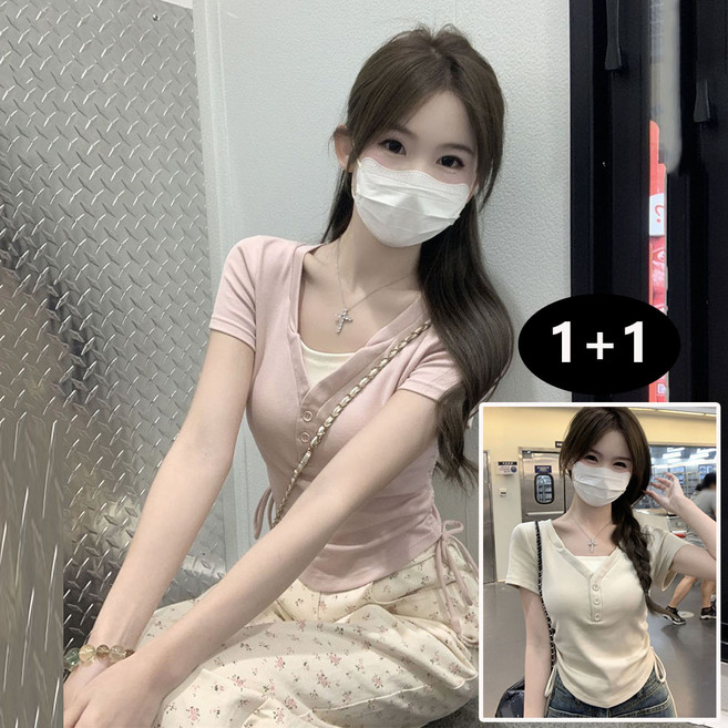 MAKABORO 1+1 여성 슬림핏 반팔 티셔츠 브이넥 심플 캐주얼 허리 스트링 티셔츠