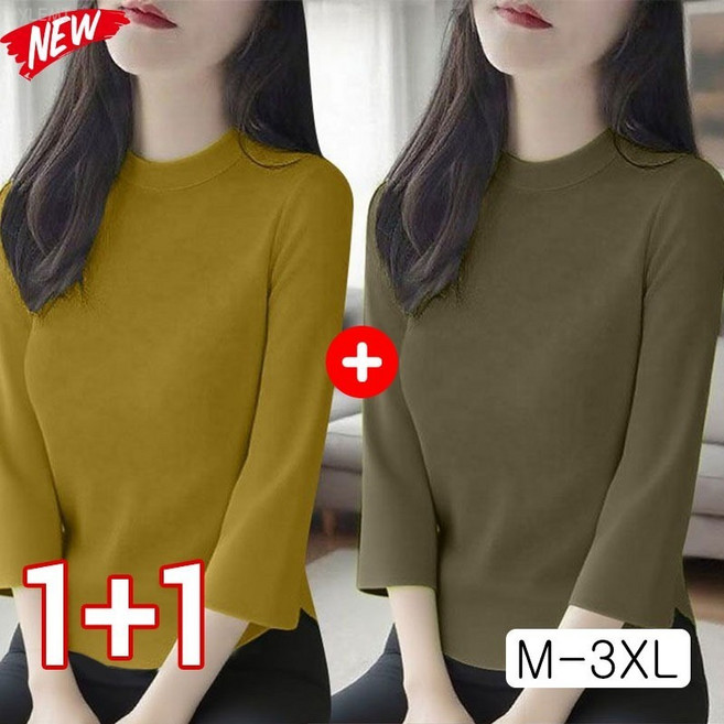 YLEMI 1+1 봄 가을 데일리 8부소매 티셔츠 여자 편안한 라운드넥 긴팔 티셔츠 2장 세트