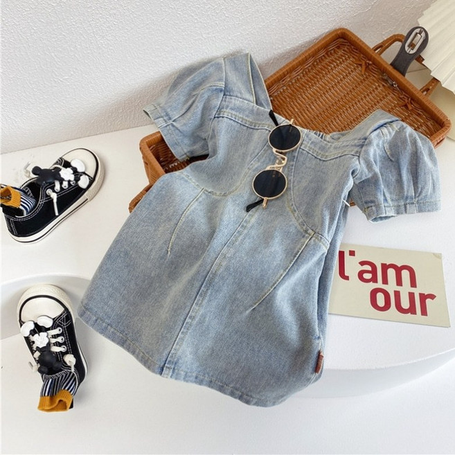 구빠방 아동 여아 데님 퍼프 소매 반팔 스퀘어넥 원피스