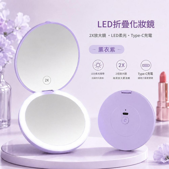 LED化妝鏡 便攜折疊 2倍放大鏡 Type-C充電, 紫色彩盒包裝，一面放大
